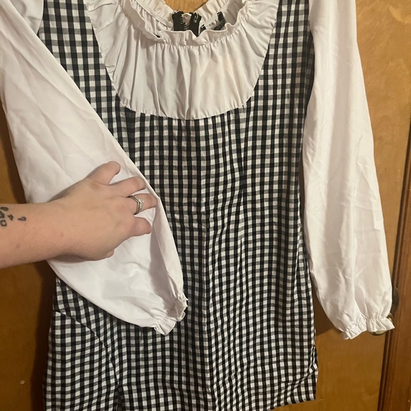 Black and White Gingham Mini Dress with Ruffled Collar - Picture 2 of 11